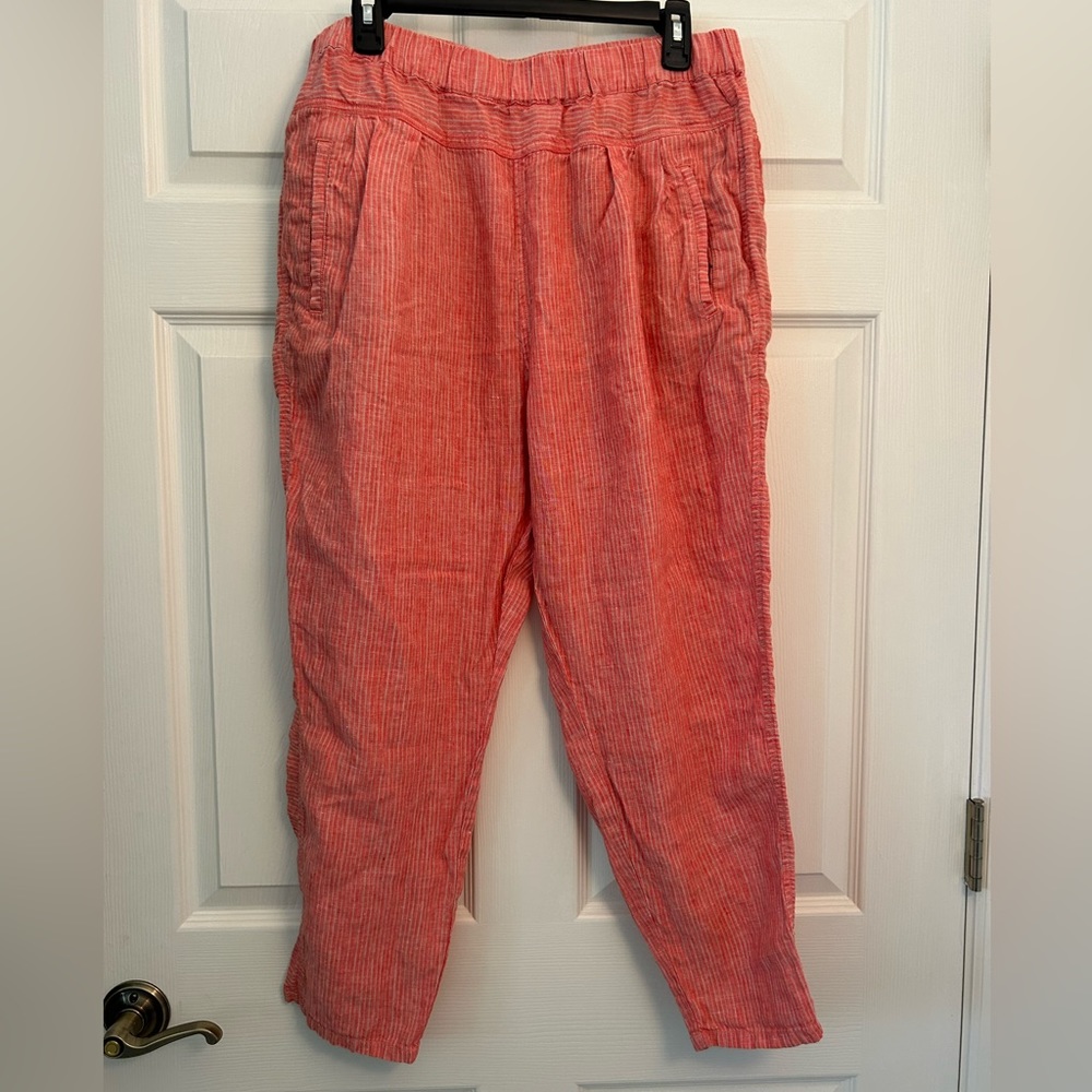 Anthropologie Linen Coral & Cream Striped Pull-on Front Pocket Pant Women Size L